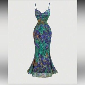 Vibrant Floral Midi Dress in Green and Blue